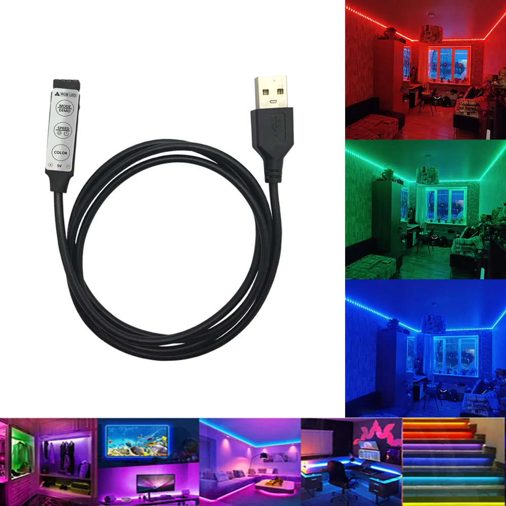 

USB RGB контроллер, 5 в постоянного тока, светодиодный диммер с 3 клавишами, 4-контактный разъем «мама» для 5 В RGB светодиодной USB-ленты, 19 динамических режимов для светодиодной ленты