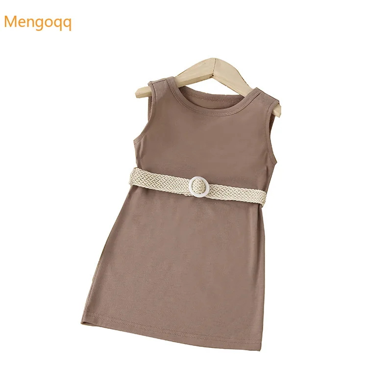 

New Summer Fashion Sleeveless Simple Tank Top Dress Girls Fashion Casual Princess Children Clothing with Belt 4-7Y