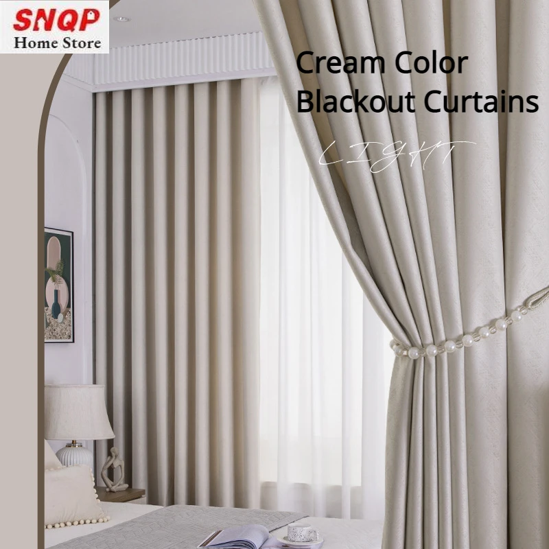 

Cream Blackout Luxury Curtains for Living Room Bedroom Dining Room Thickened Jacquard Tulle Hotel Window Solid Color Cortinas