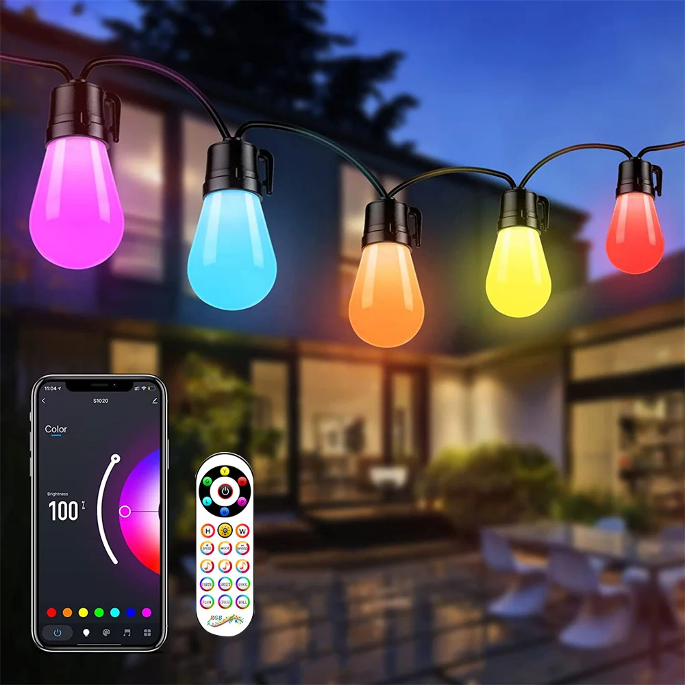 

15 м Коммерческая гирлянда s Водонепроницаемая RGB S14 лампочка соединяемая гирлянда сасветильник с управлением через приложение для рождественской вечеринки декор