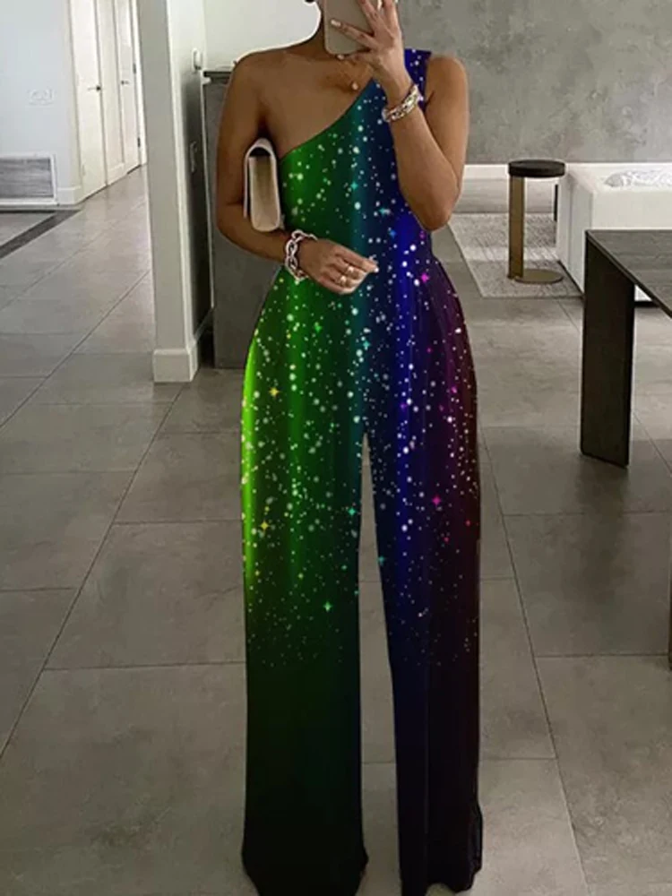 

Женский элегантный комбинезон с принтом в вечерние ле пэчворк, летний модный комбинезон на одно плечо, Женский Повседневный комбинезон с ши...