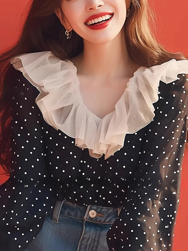 Шифоновые повседневные женские блузки весенне-осенние новые рубашки в горошек