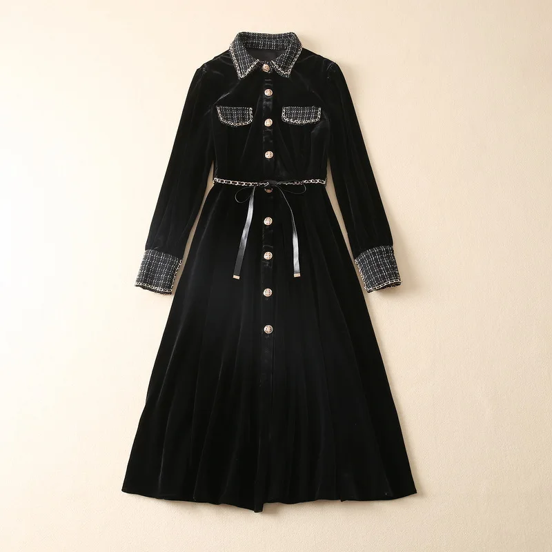 

Женская одежда в европейском и американском стиле на зиму 2022, модное твидовое бархатное платье с длинным рукавом, отложным воротником и сращенной цепочкой, XXL