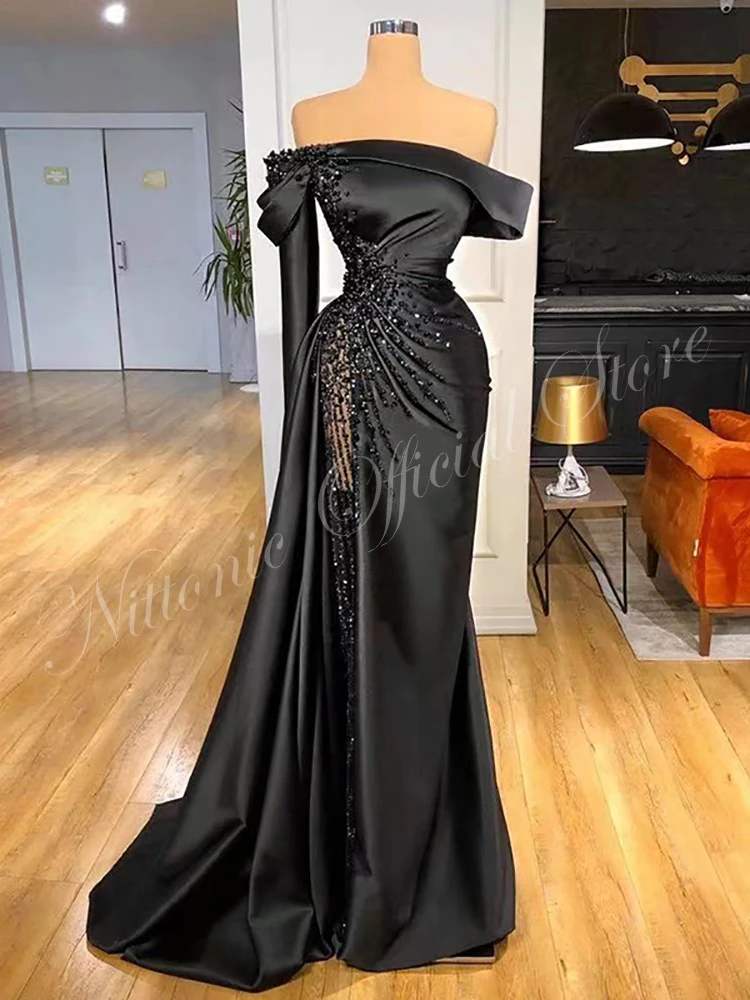 

Luxury Black Beading Evening Dresses for Woman Off Shoulder Floor-Length Mermaid Pleats Formal Occasion Prom Party Guest 2023