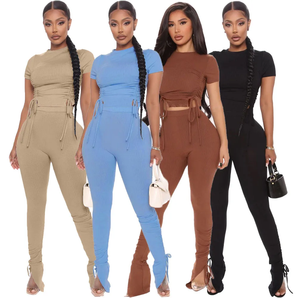 

2 piece set women crop top tshirt and pencil pants leggings fitness jogger activewear sporty outfits pleated skinny bodycon