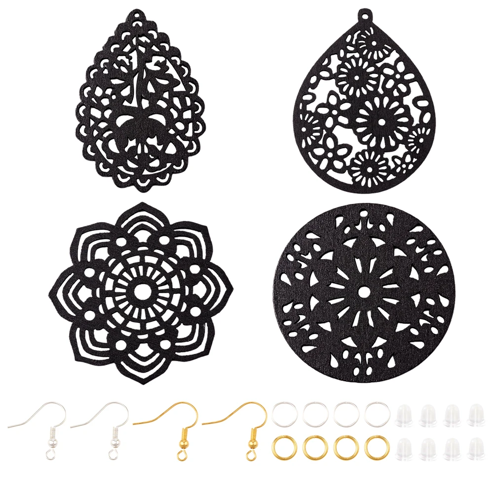 

4 Pairs Vintage Black Hollow Big Dangle Earring Teardrop Flower Wood Pendants with Brass Hooks for Fashion Women Fashion Jewlery