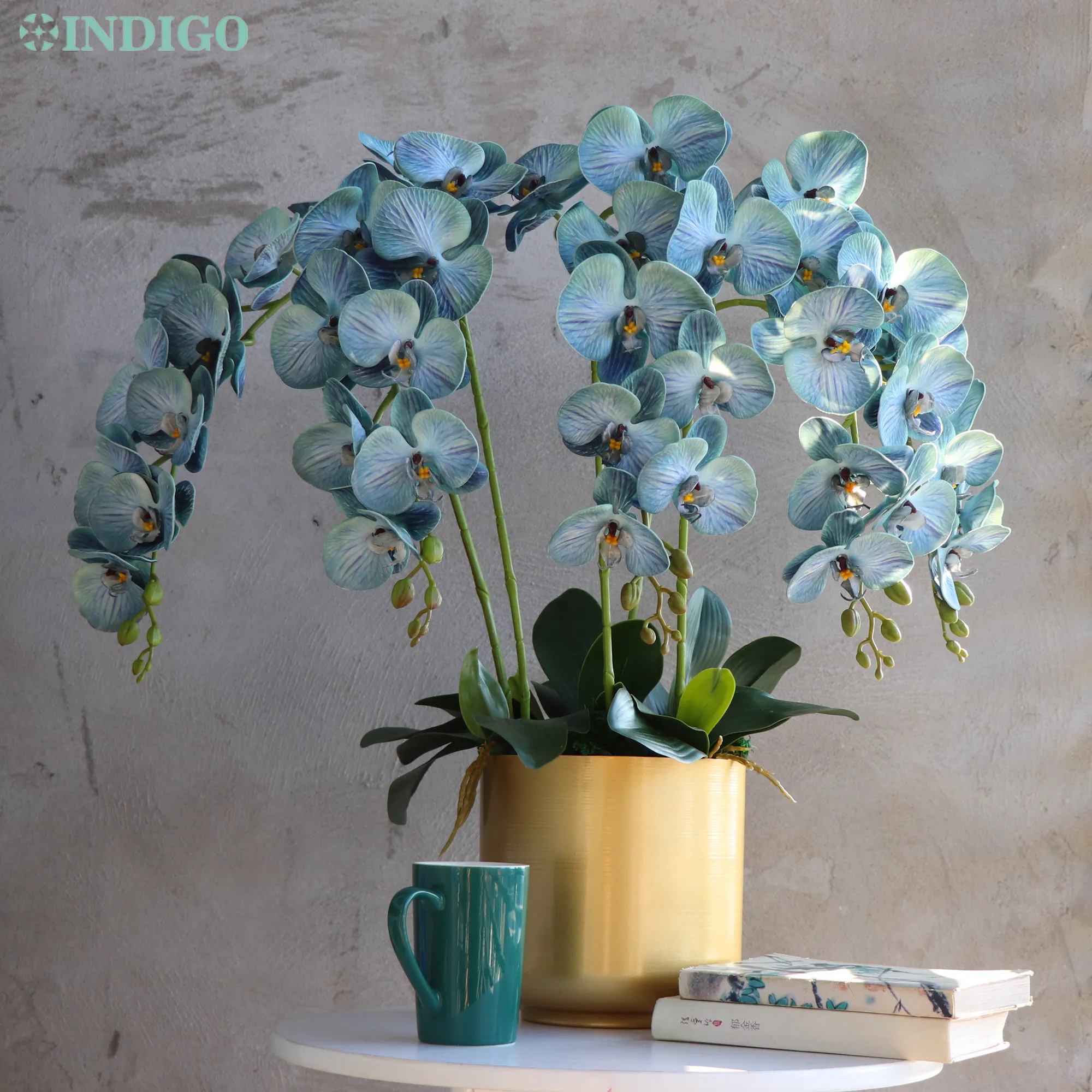 

Large Blue Orchid (5Pcs Orchid+5Pcs Leaves+Moss+Vase) DIY Flower Arrangment Office Decoration Party Event Centerpiece INDIGO