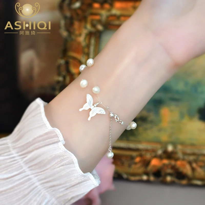 

ASHIQI Genuine Natural Freshwater Pearl Butterfly Bracelet With 925 Sterling Silver Button Jewelry for Girls