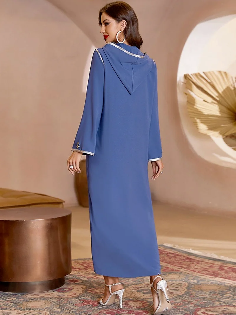 Rhinestones Moroccan Embroidered Kaftan Arabic Long Hooded Dress Party Djellaba for Women Muslim Dubai Saudi Ramadan Eid Abaya