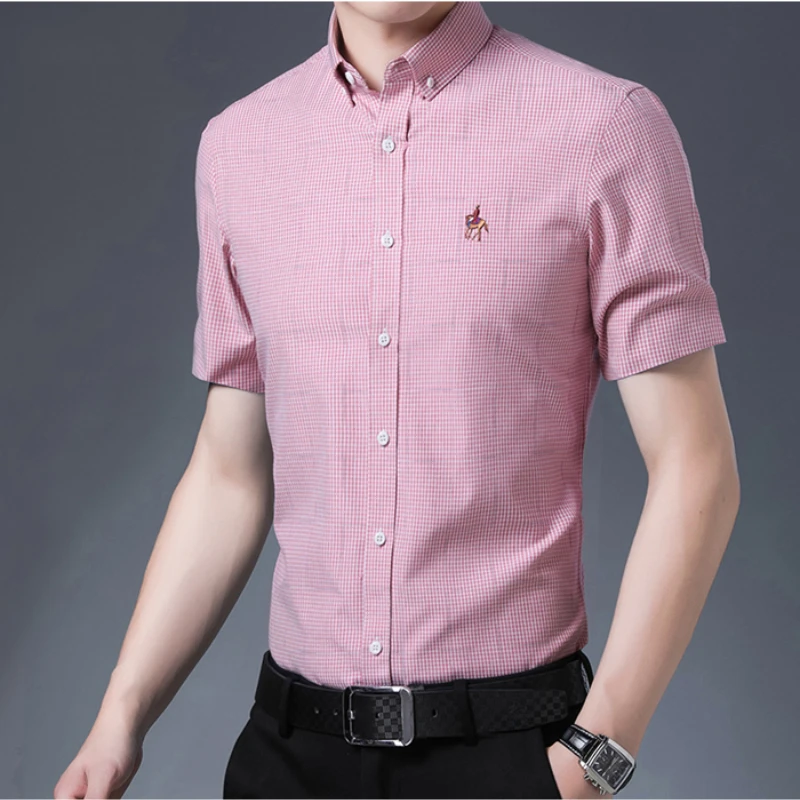 

2023 Men's Short Sleeve Bamboo Fiber Plaid Stretch Casual Shirts Embroidered Horse Standard-fit Wrinkle Resistant Clothes