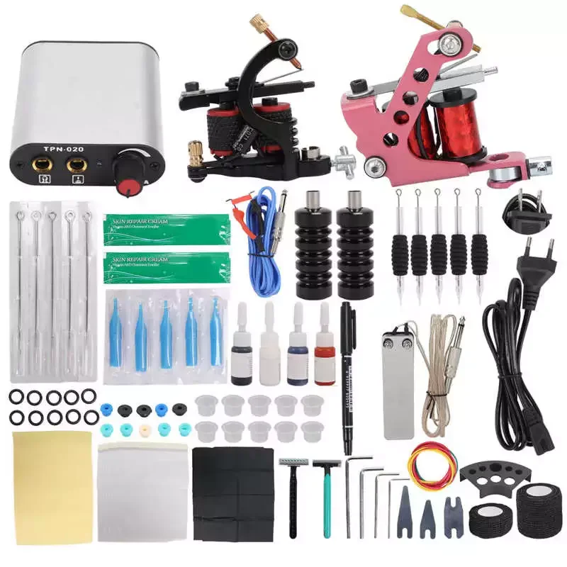 Complete Tattoo Kit Coil Tattoo Machine Transfer Paper Repair Cream Tattoo Ink Cup Practice Skin Foot Pedal for Beginner for