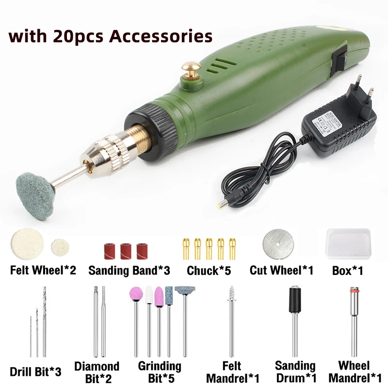 

Набор для гравировки 14000об/мин, электрическая шлифовальная машинка, мини-дрель, вращающийся шлифовальный станок, микророторный инструмент, Нефритовая резьба с 20 насадками