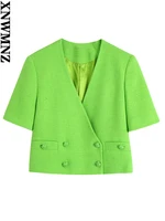 xnwmnz women fashion v neck short sleeves double breasted cropped blazer or ladies textured high waist mini skirt with buttons