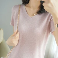 new knitted t shirt women summer v neck short sleeve t shirt female solid color casual tops tee shirt womens clothing 2022