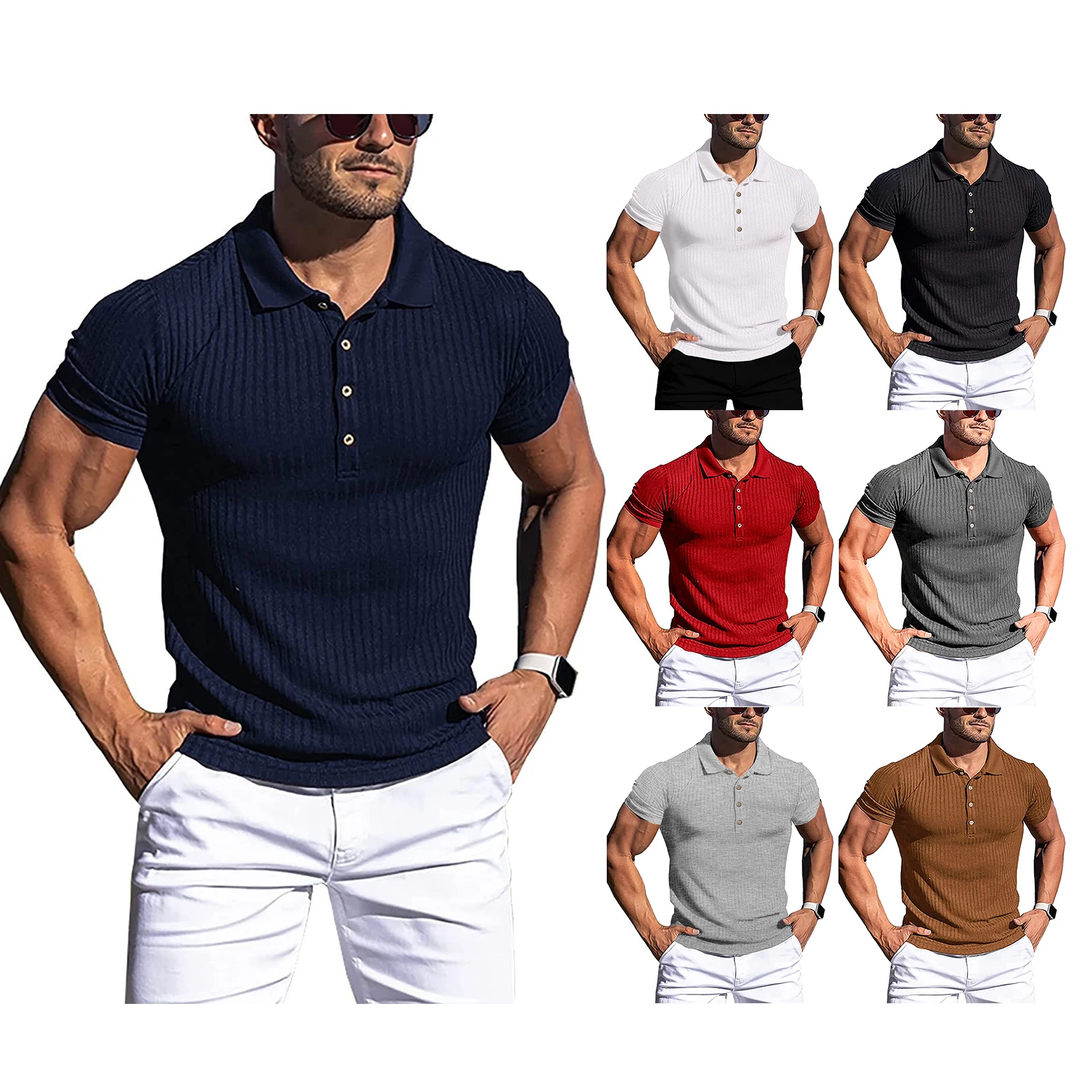 

Men Short Sleeve T-shirt, Summer Autumn Leisure Style Solid Color Vertical Stripe Front Button Elastic Lapel Tops Streetwear
