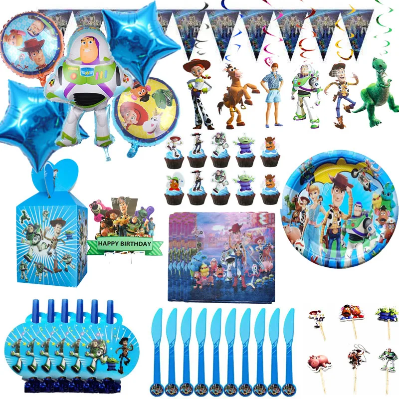 

Toy Story Party Supplies Cake Topper Paper Plates Cup Sling Hat Tableware Backdrop Baby Shower Party Decoration Laetx Ballons