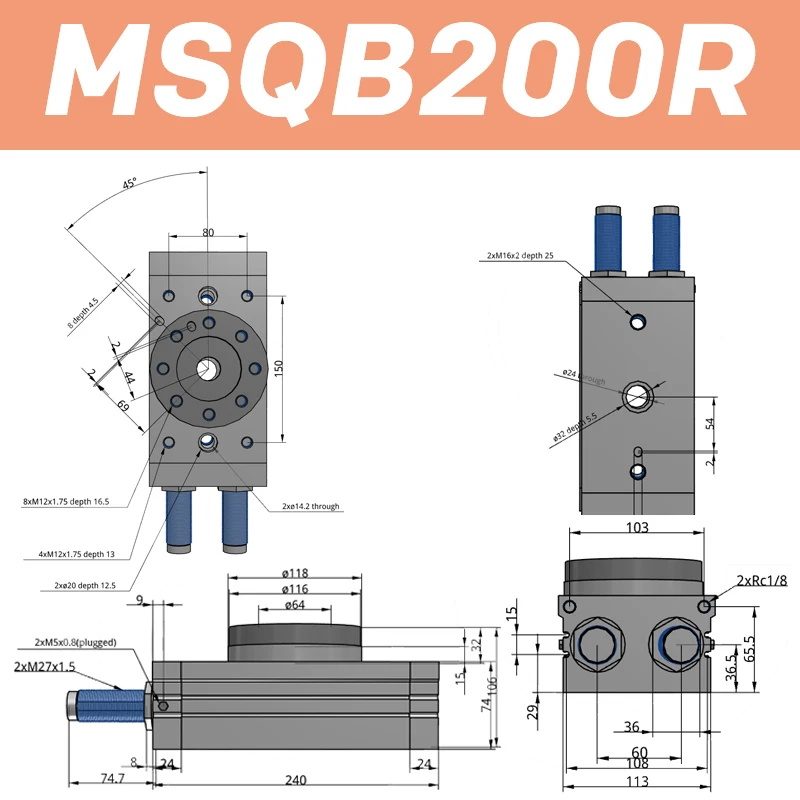 

MSQB200A MSQB200R Поворотный пневматический цилиндр типа SMC Регулируемый купон 0-190 градусов и 8,00 доллара США В заказе по более 000 долларов США