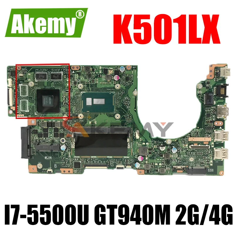 

Akemy K501LX Laptop motherboard for ASUS K501LB K501L original mainboard 4GB-RAM I7-5500U GT940M 2G/4G（Sent at random）