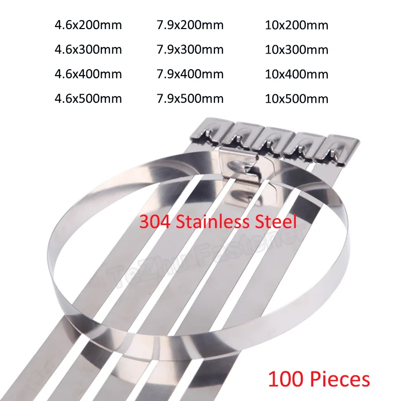Laços de Cabo de Metal de Auto-travamento Pesado Cabo Zip Tie Escape Envoltório Travamento Laço Cintas de Calor Aço Inoxidável 100 Peças 4.6 7.9 10 mm 304