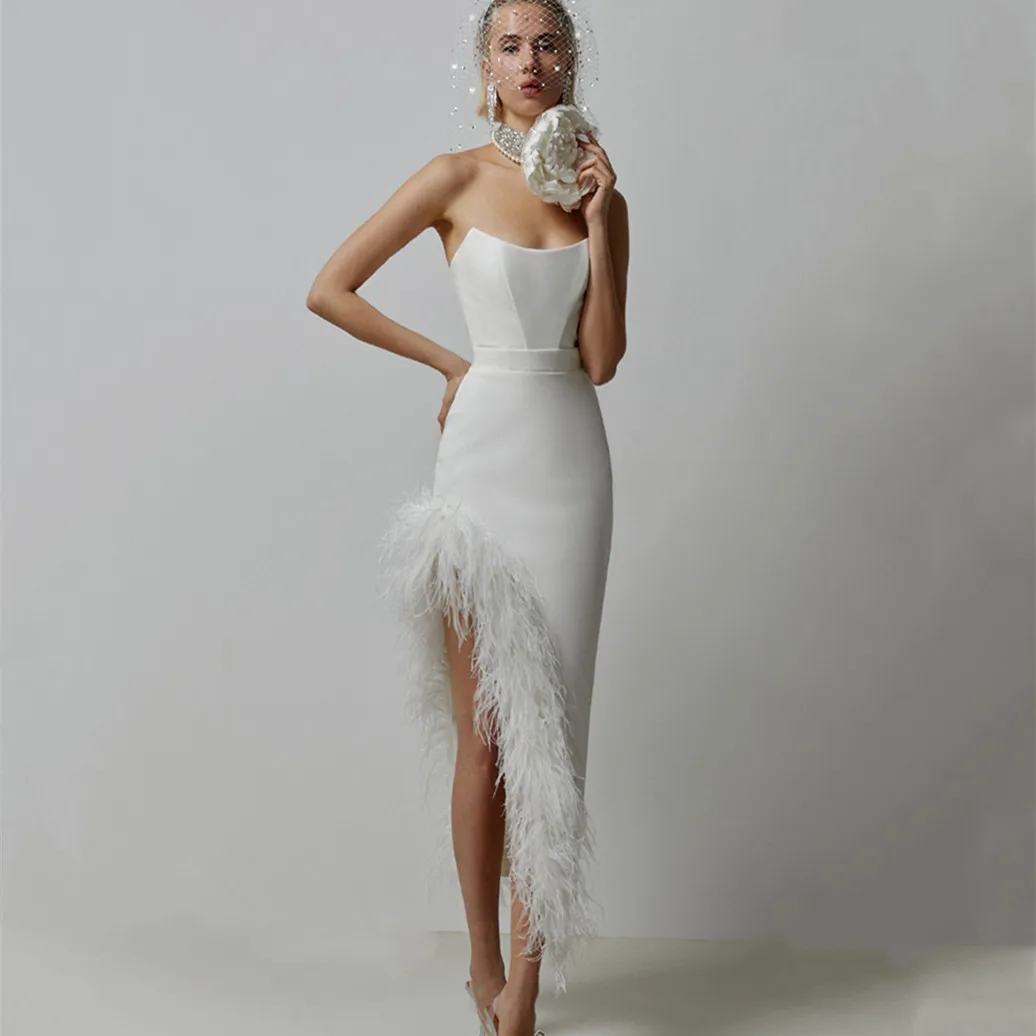 

3 Color Gorgeous Feathers Sexy Split Strapless Mid-Calf Dress Woman Birthday Party Vestido Celebrity Luxury Cocktail Outfit