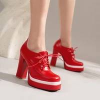 new classic lace up square toe fashion brand high heels pumps woman casual dress party wedding shoes women black red brown pumps