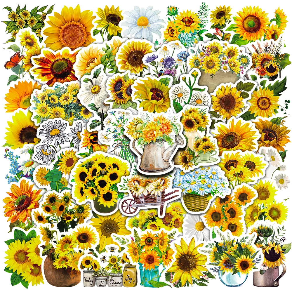 

10/30/50pcs Sunflower Daisy Flower Stickers For Decorating Luggage Laptop Ipad Skateboard Journal Cup Diary Sticker Wholesale