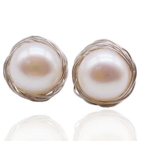 pearl earrings white round natural freshwater pearls hand braided sterling silver stud earrings womens stud earrings mom gifts