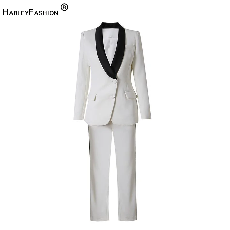 

Designed Colorblock Office Lady Suit Shawl Collar Single Button Blazer Flared Pants Women Slim 2Pcs