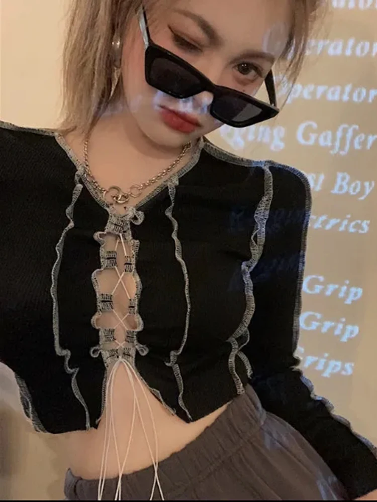 

Women's clothing summer 2022 hollow Sexy Patchwork Lace Up y2k Long Sleeve Top women Ribbed Party Knitwear T-Shirt wear Crop Top