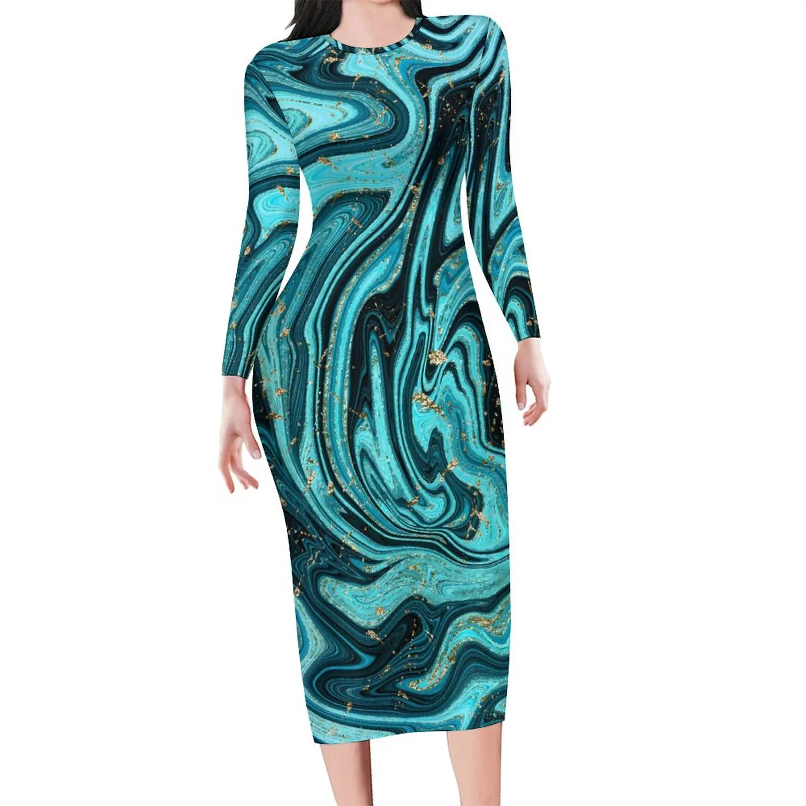 

Женское облегающее платье с длинным рукавом, синее, золотое, мраморное платье в Корейском стиле с абстрактным вихревым узором, винтажные платья оверсайз с графическим принтом