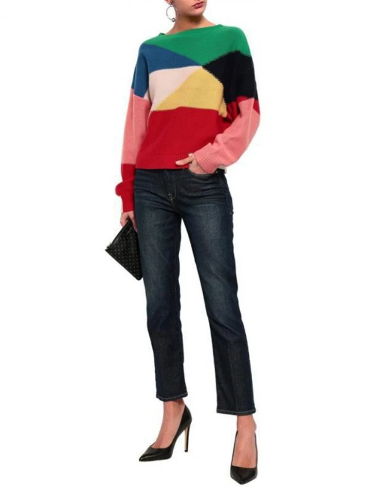 

Autumn Soft and Elegant Geometric Colorblock Crew Neck Pullover Sweater