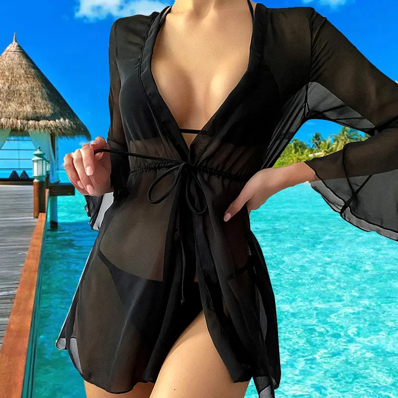 

Женский купальный костюм, накидка на бикини, сексуальное Сетчатое пляжное платье, Кардиган с длинным рукавом и V-образным вырезом, однотонное черное прозрачное пляжное платье