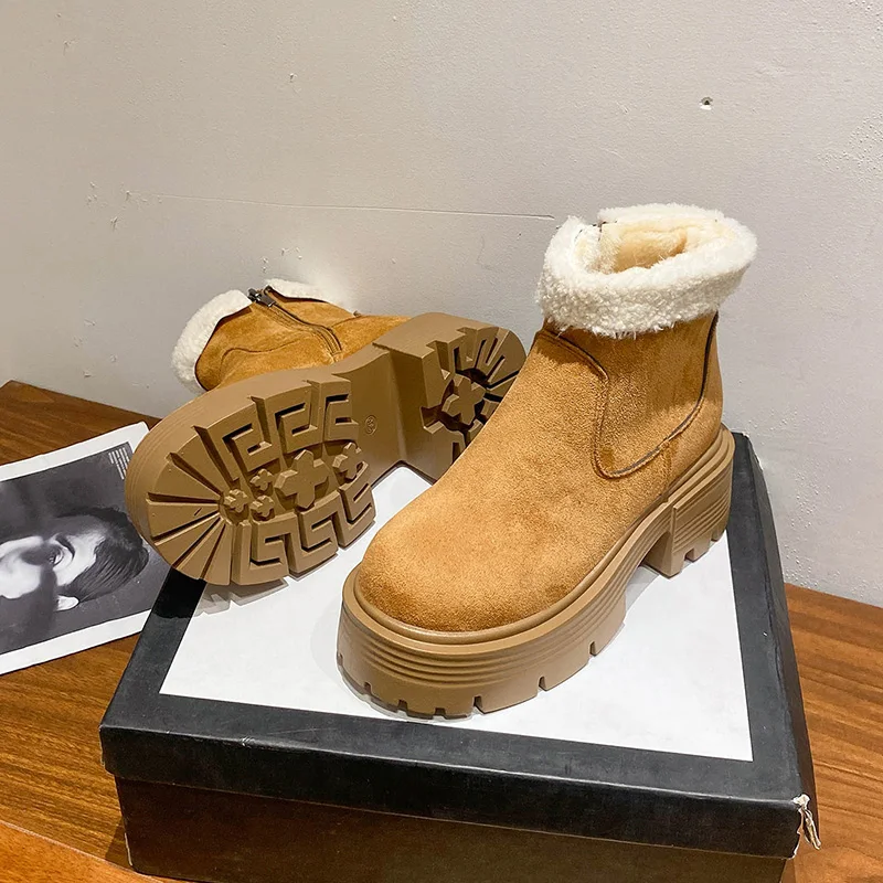 STRONGSHEN Winter Women Snow Boots Casual Heel Plush Warm Shoes Suede Fur Chelsea Ankle Boots Platform Ladies Shoes Botas Mujer