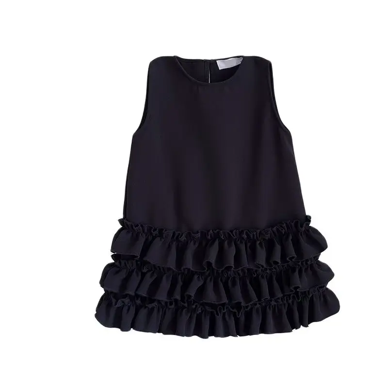 Ltttle Black Dress Sleeveless Ruffled Hem Elegant Beach Sundress for 2-5Y Girls