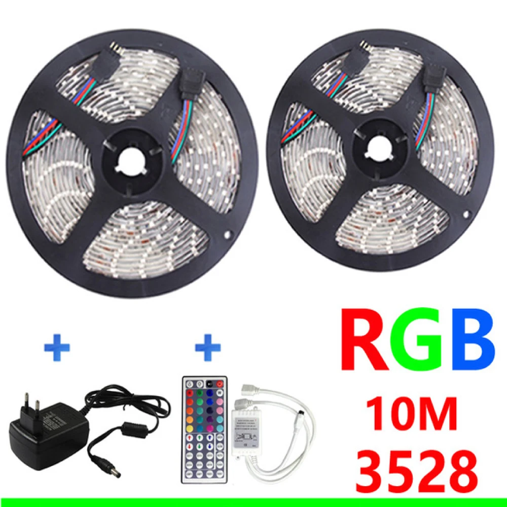 

10m 3528 RGB Led Strip Light SMD 5M*2 600Leds Flexible Strips,nowaterproof + 44 key ir Remote Controller +DC 3A 12V adapter kit