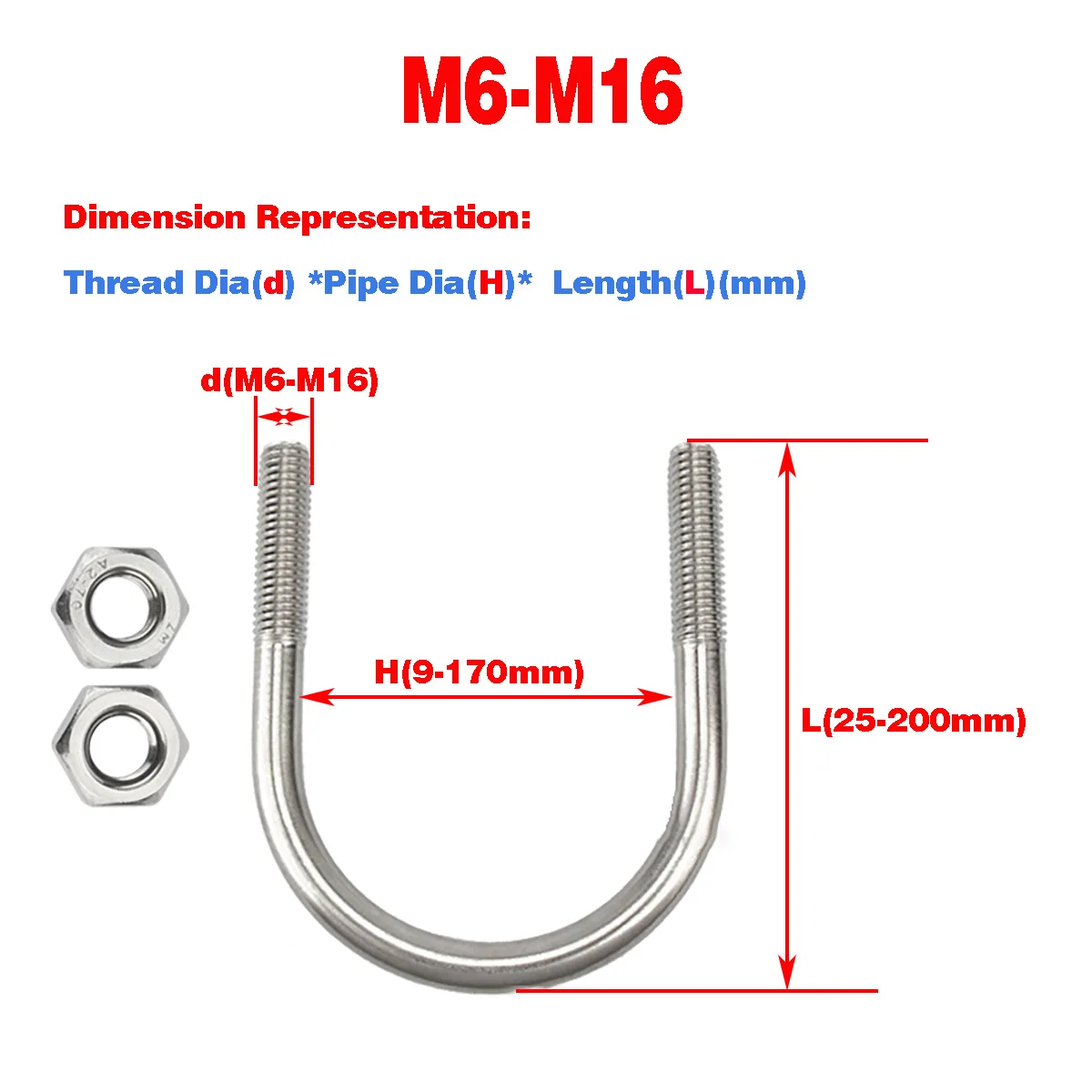 

304 Stainless Steel U-Screw / U-Bolt / U-Clamp / U-Pipe Clamp / Pipe Clamp Fixing Clip M6M8M10M12M16