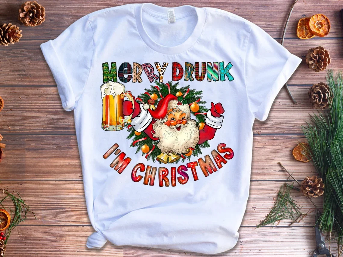 

Fashion Merry Drunk I'M Christmas Santa Claus Graphic Print Tshirt Girls Leopard Team Santa T Shirt Women'S Clothing T-Shirt Top