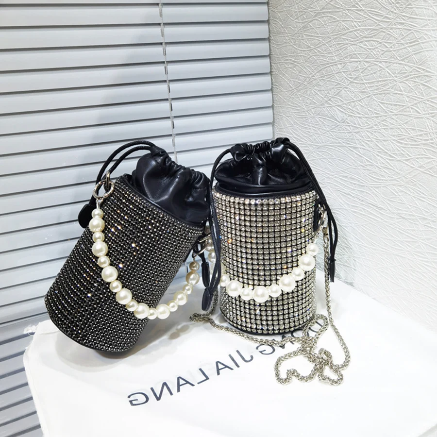 

Rhinestone Diamond Shiny Pearl Bucket Bags Women Fashion Handbags Evening Clutch Purse Bling Purse Shoulder Crossbody Chains Bag