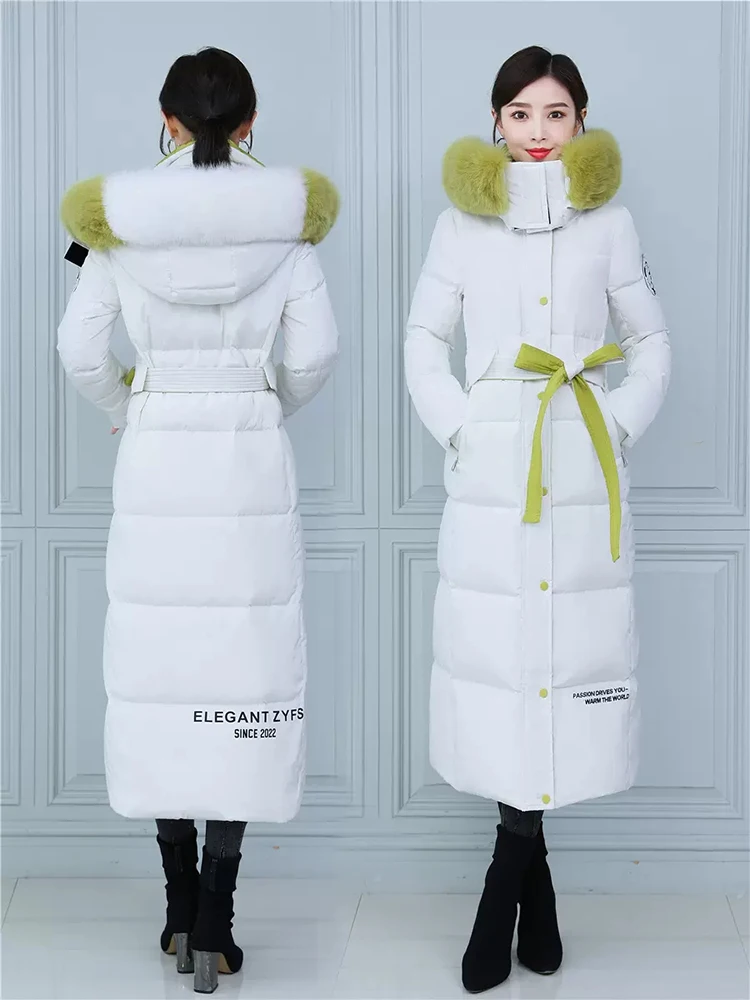 New Women Winter Long Thicken Warm Down Coat Casual Fashion Two-Colour Detachable Real Fox Fur Collar Belt Slim Down Jacket