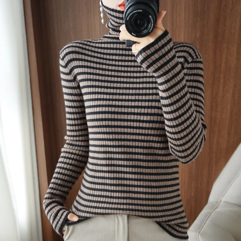 

New Autumn And Winter Knitwear Women's Pile Collar Striped Slim Sweater With Long Sleeve Pullover Bottoming Coat