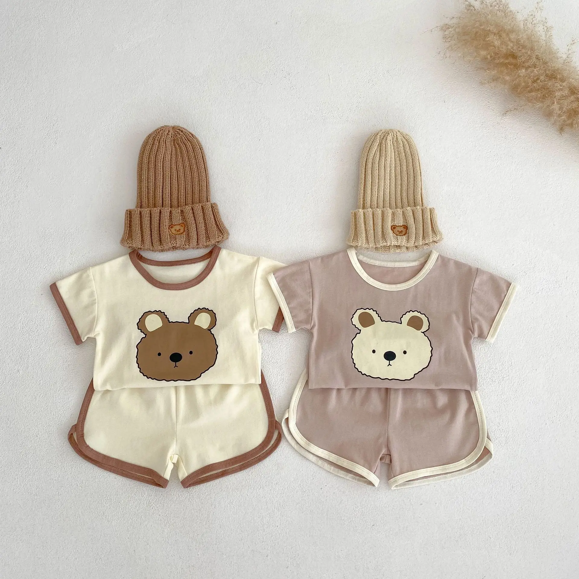 

Ins Infant Summer Casual T-shirt Suit Boy Baby Bear Print Short Sleeves Tops + Shorts 2pcs Girl Children Cotton Cartoon Tees Set