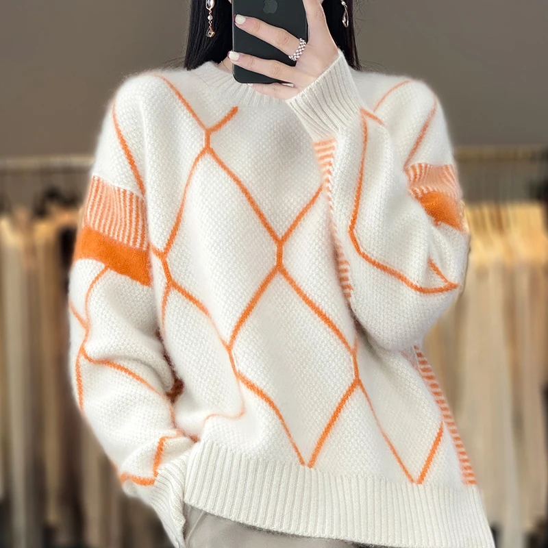 Autumn and Winter New Diamond Color Contrast Women's Round Neck Pure Wool Sweater Loose Pullover Knitted Sweater Versatile