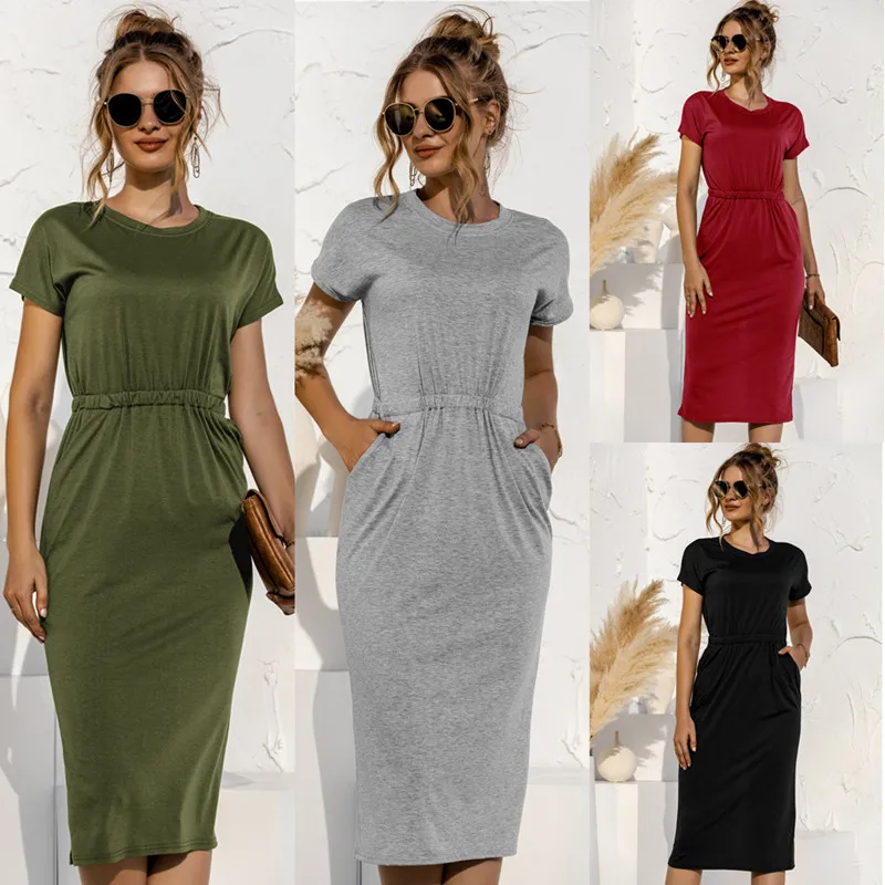

2022 Summer New Fashion Sexy O Neck Split Women's Dress Casual Slim Empire Solid Pocket Short Sleeve Elegant Ladies Long Dresses