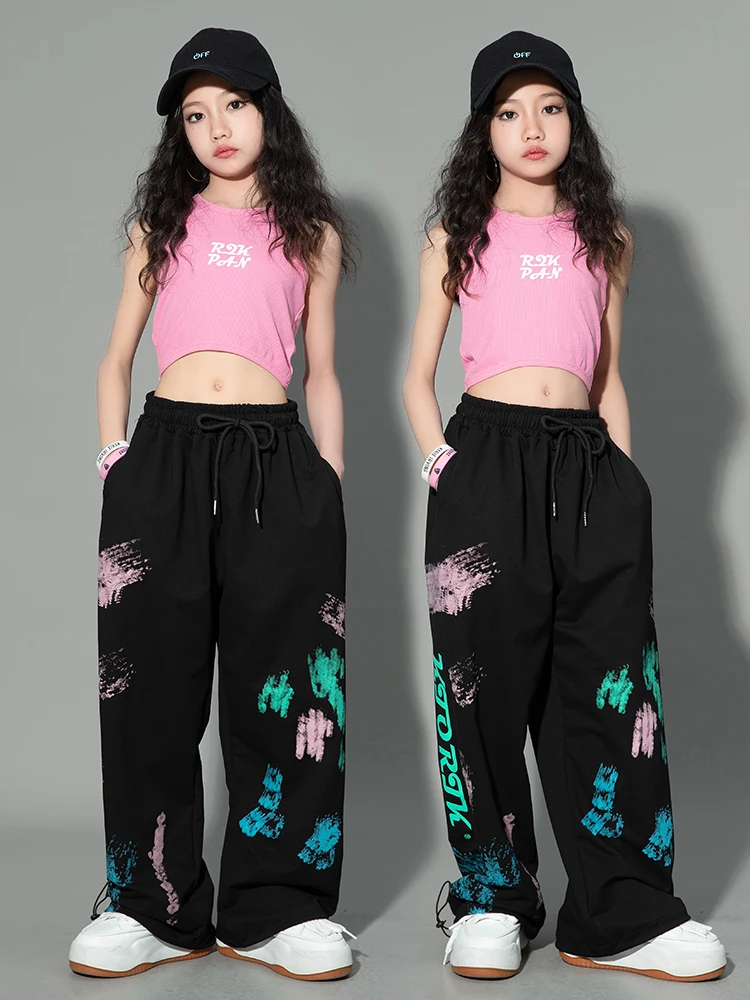 

Новинка, одежда для современных джазовых танцев для девочек, розовые топы, черные спортивные брюки, одежда для тренировок в стиле хип-хоп, Детский костюм стандарта BL11050