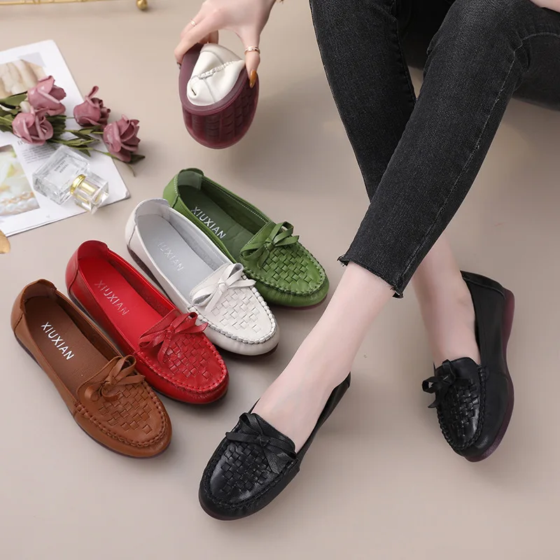 braided loafers shoes for women green butterfly knot ballet flats woman soft white moccasins ladies genuine leather flat shoes