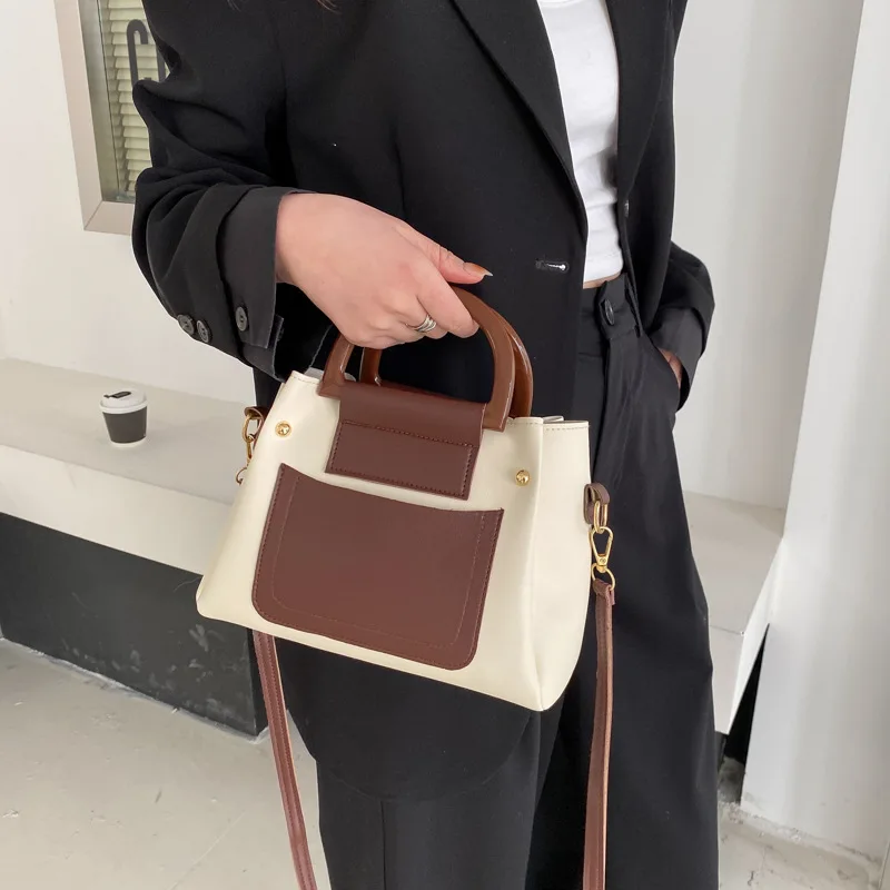 New Retro Women's Elegant Shoulder Crossbody Hand-Carrying Combination Bucket Large Capacity Contrast Color Women's Bag