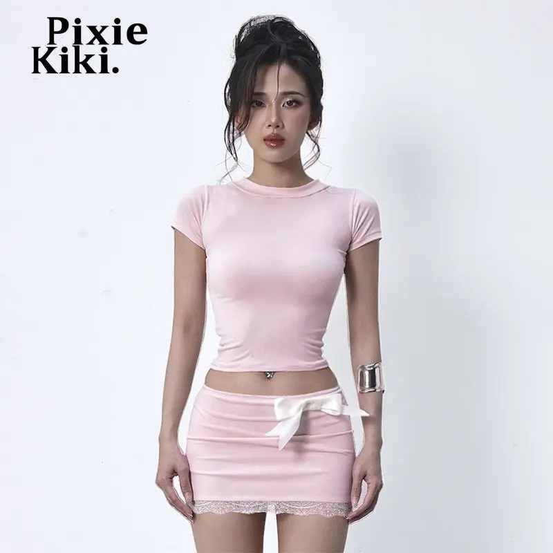 

PixieKiki Baby Pink 2 Piece Set Lace Trim Bow Low Rise Mini Skirt Crop Top Cute Short Sets Womens Summer Outfits Y2k P85-BD15