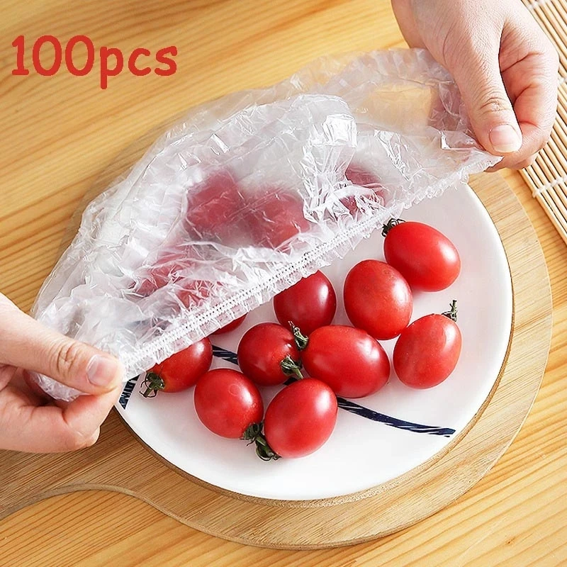 

100pcs Disposable Food Cover Plastic Wrap Elastic Food Lids for Fruit Bowls Cups Caps Storage Kitchen Fresh Keeping Saver Bag