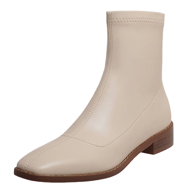 

dermis Size 34-39 Women Ankle Boots Soft Leather Thick Mid Heels Shoes For Women Elastic Booties Casual Office Ladies Bottine
