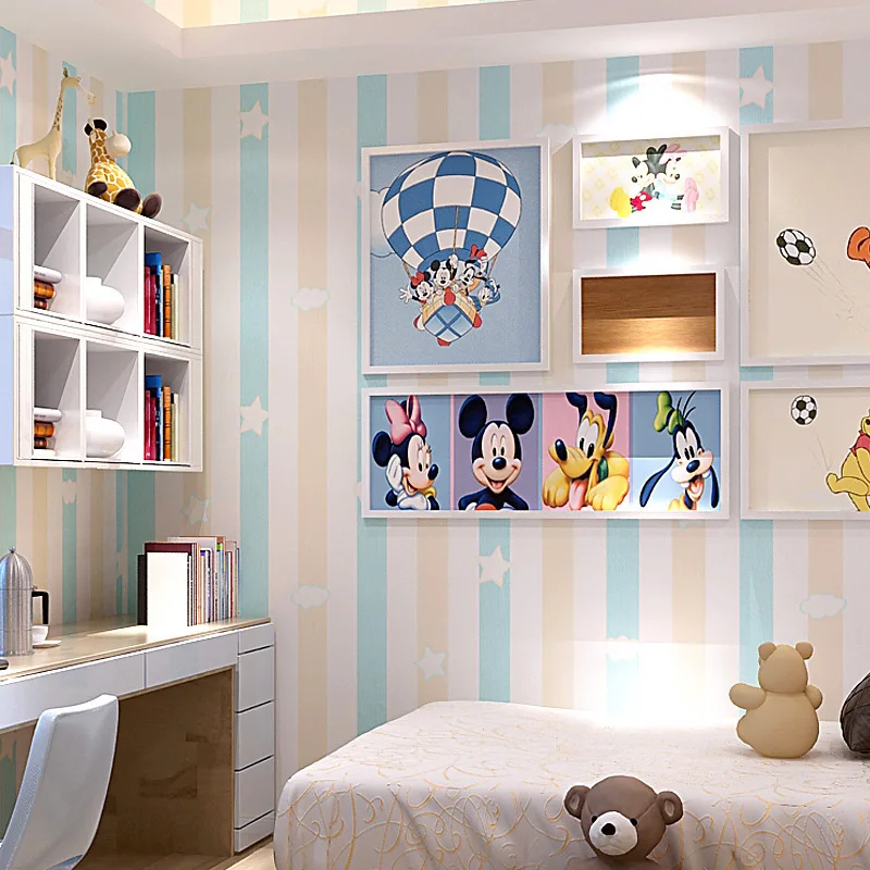 

Children's Room Princess Room Non-Woven Wallpaper Blue Pink Vertical Stripes Bedroom Boys and Girls Room Cartoon Wallpaper